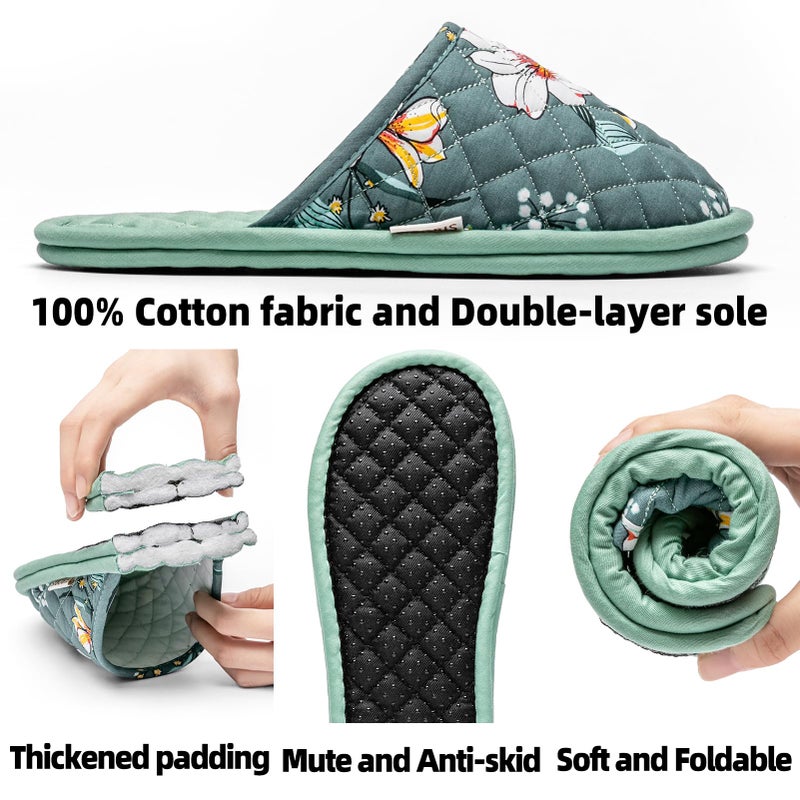 biroris 3 Pairs Women's Indoor House Slippers, Floral Cotton Closed Toe, Comfortable Washable Portable Foldable, for Guest Travel Hotel Airplane Spa - Image 2