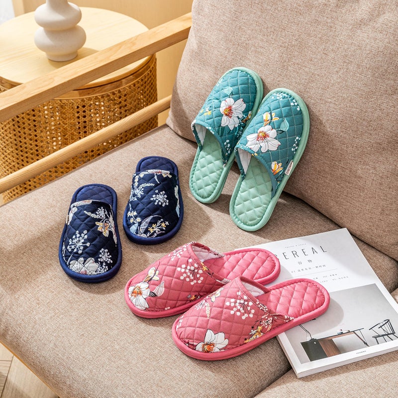 biroris 3 Pairs Women's Indoor House Slippers, Floral Cotton Closed Toe, Comfortable Washable Portable Foldable, for Guest Travel Hotel Airplane Spa - Image 3