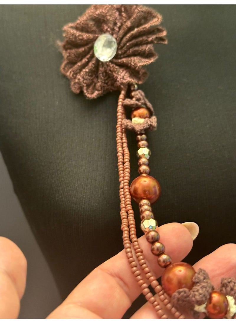 Gönülden Tasarım Heart Design Beaded Brooch Design 3 Piece Women's Necklace Length 37 cm  - Image 4