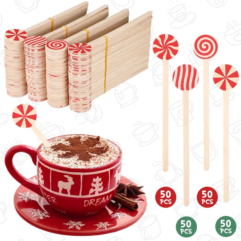 Hoolerry 200 Pcs Wooden Coffee Stirrer 6 Inch Christmas Disposable Cocktail Drink Beverage Swizzle Sticks Round End Xmas Sticks for Milk Cocktail Tea Hot Cocoa Bar Chocolate Decoration(Peppermint Candy) - Image 2