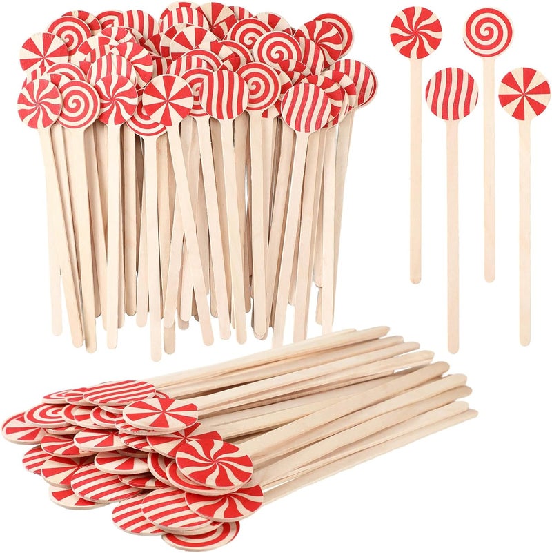 Hoolerry 200 Pcs Wooden Coffee Stirrer 6 Inch Christmas Disposable Cocktail Drink Beverage Swizzle Sticks Round End Xmas Sticks for Milk Cocktail Tea Hot Cocoa Bar Chocolate Decoration(Peppermint Candy) - Image 1
