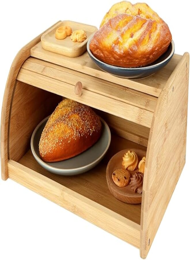MIVIDE Wooden Bread Bin for Kitchen, Bamboo Bread Bin, 40x27x16.5CM Wooden Roll Top Bread Bins, Countertop Bamboo Bread Storage Box