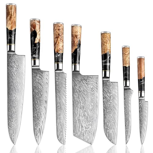 Senken Knives SENKEN 7-Piece Damascus Kitchen Knife Set - Tsunami Collection - 67-Layer Japanese VG10 Steel - Chef's Knife, Cleaver, Santoku, Bread, Boning, & More (Black Resin Blend) - Image 1