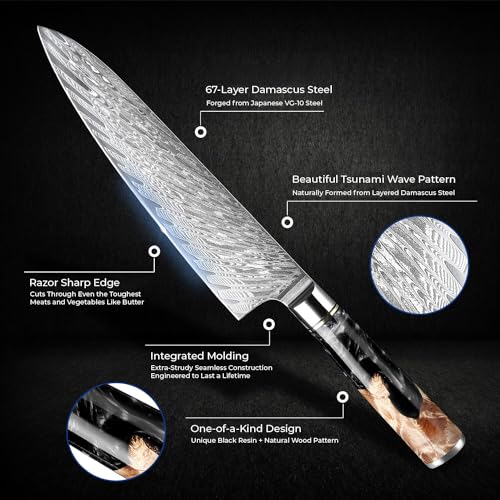 Senken Knives SENKEN 7-Piece Damascus Kitchen Knife Set - Tsunami Collection - 67-Layer Japanese VG10 Steel - Chef's Knife, Cleaver, Santoku, Bread, Boning, & More (Black Resin Blend) - Image 2