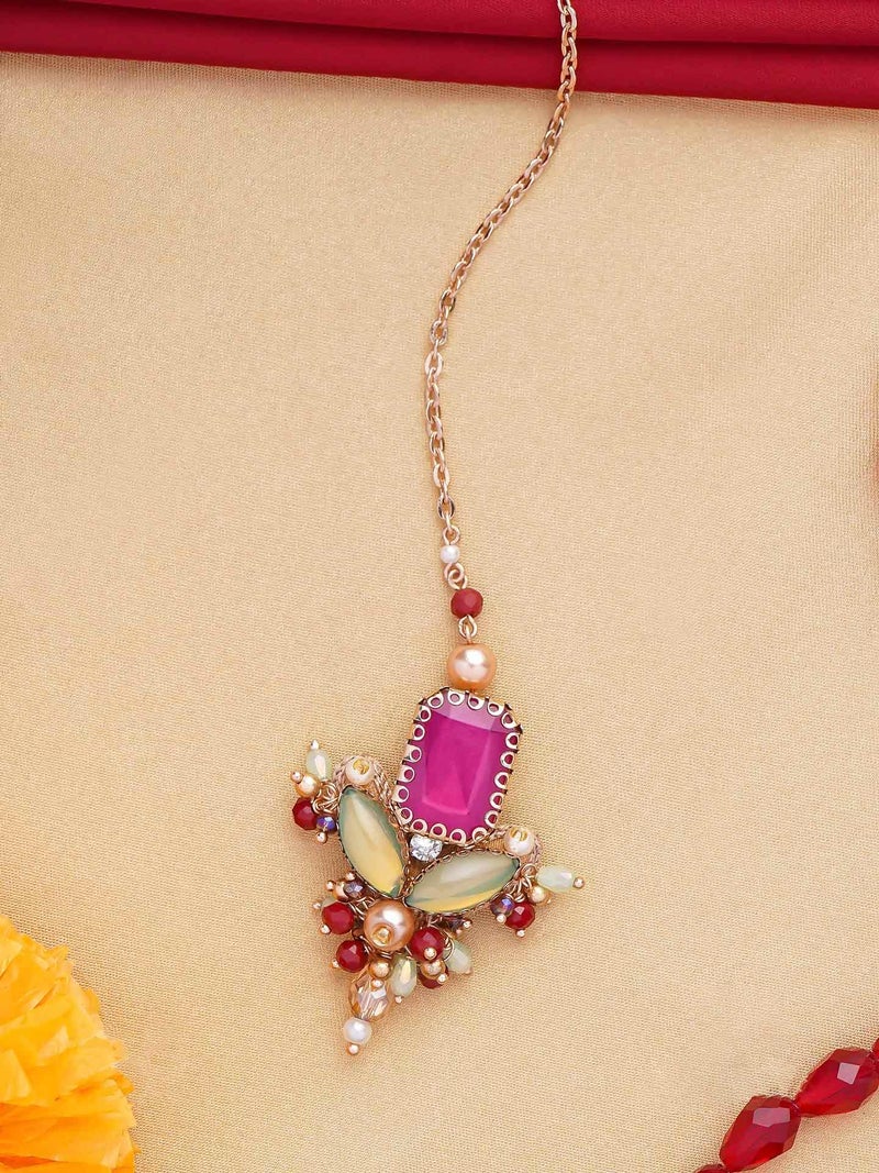 SANJOYA Gold Plated Traditional Embroidered Jewellery for Women & Girls | Stone Studded Wedding, Festive, Mehendi, Sangeet Collection | Necklace, Earrings, Maang Tikka, Bracelet & Ring - Image 3
