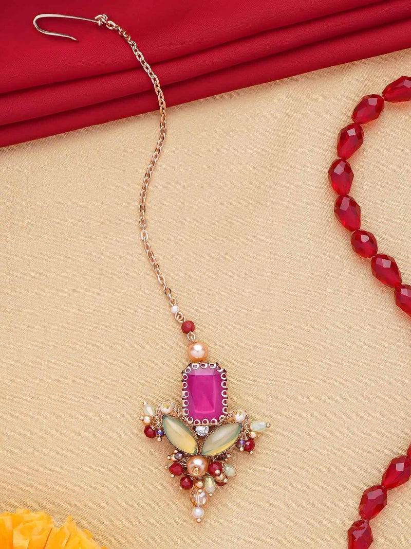 SANJOYA Gold Plated Traditional Embroidered Jewellery for Women & Girls | Stone Studded Wedding, Festive, Mehendi, Sangeet Collection | Necklace, Earrings, Maang Tikka, Bracelet & Ring - Image 5