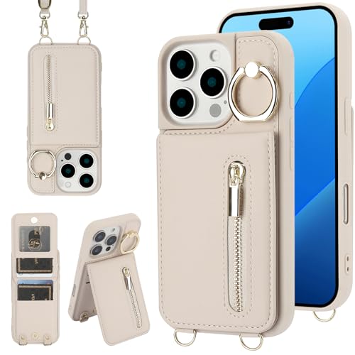 Jcxtrombulous Crossbody Wallet Case for iPhone 14 Pro Max with Lanyard Strap Card Slot Holder RFID Blocking Ring KickstandMagnetic Flip Folio Zipper Purse Case PU Leather Cover HandbagBeige - Image 1