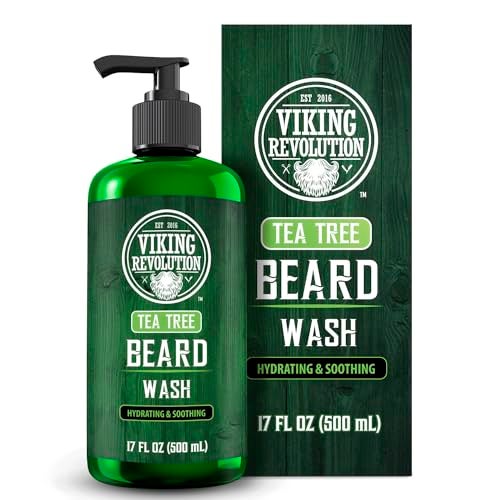 Viking Revolution Tea Tree Beard Wash for Men with Argan Oil and Ginseng Root Extract Beard Softener and Strengthener Beard Shampoo with Olive Oil Beard Care to avoid Beard Dandruff and Itch 17oz