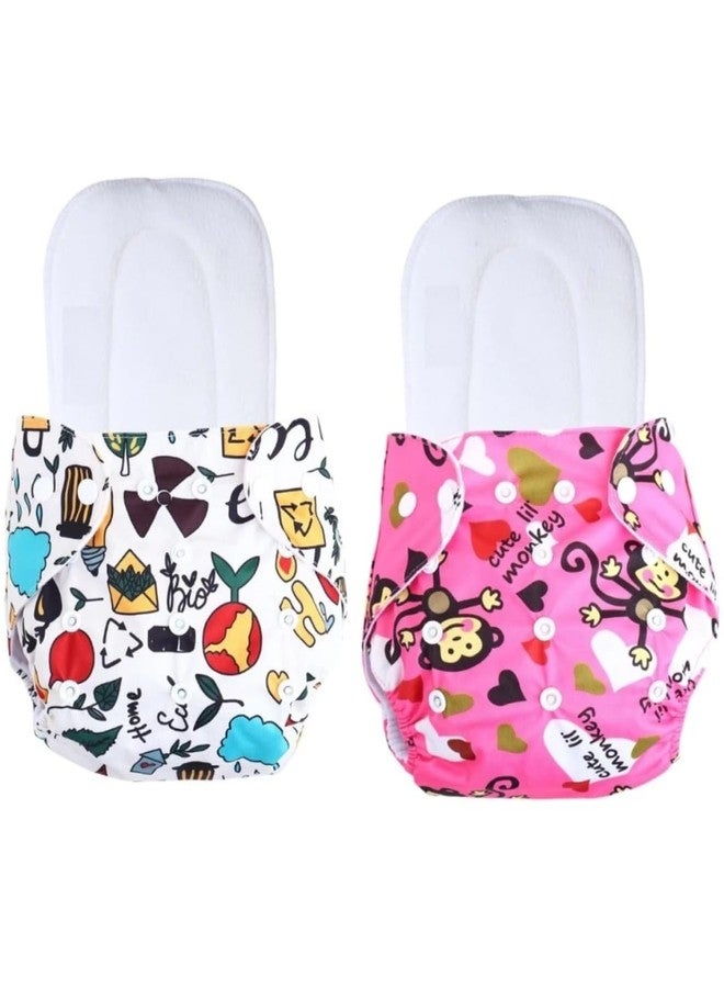 Miracle Moms Cotton Cloth Printed Diaper with 5 Layer Dry Feel White Inserts/Washable, Reusable and Adjustable Diaper for Newborn Baby & Toddlers (Pack of 2) (Pink & White Printed, One Size) - Image 1