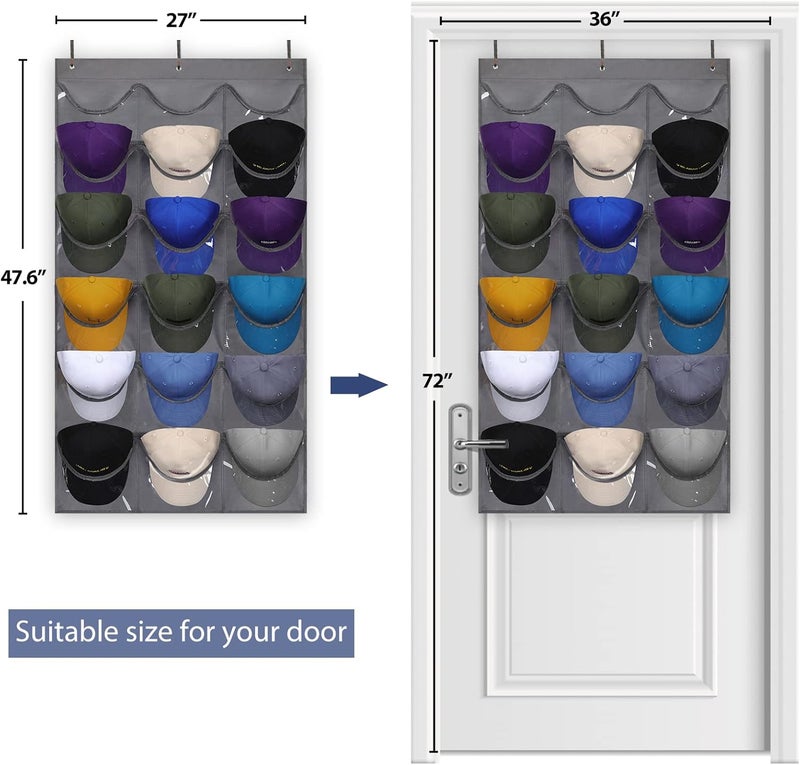 Dofilachy Hat Rack - Hat Organizer - Hat Racks for Baseball Caps, Visible Hat Holder - Baseball Hat Rack for Wall Door with 3 Hooks, 18 Deep Pockets(Grey, medium) - Image 3