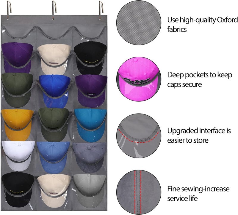 Dofilachy Hat Rack - Hat Organizer - Hat Racks for Baseball Caps, Visible Hat Holder - Baseball Hat Rack for Wall Door with 3 Hooks, 18 Deep Pockets(Grey, medium) - Image 1
