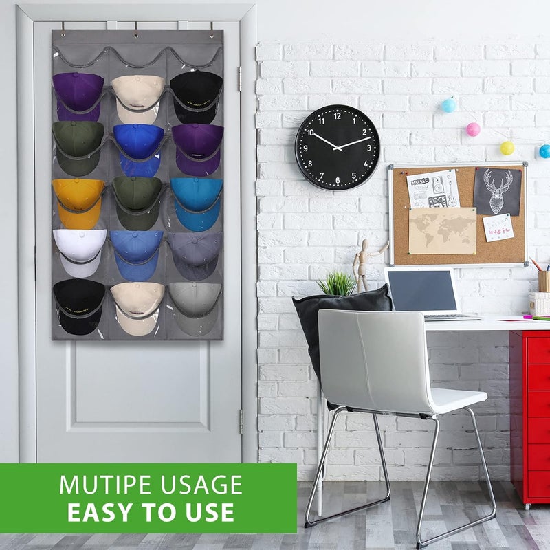 Dofilachy Hat Rack - Hat Organizer - Hat Racks for Baseball Caps, Visible Hat Holder - Baseball Hat Rack for Wall Door with 3 Hooks, 18 Deep Pockets(Grey, medium) - Image 5
