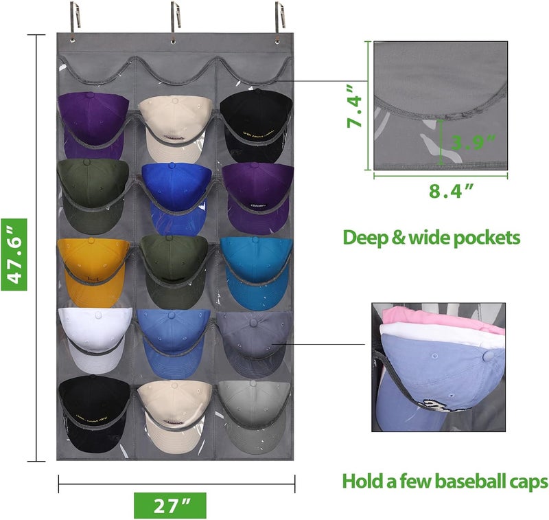 Dofilachy Hat Rack - Hat Organizer - Hat Racks for Baseball Caps, Visible Hat Holder - Baseball Hat Rack for Wall Door with 3 Hooks, 18 Deep Pockets(Grey, medium) - Image 4