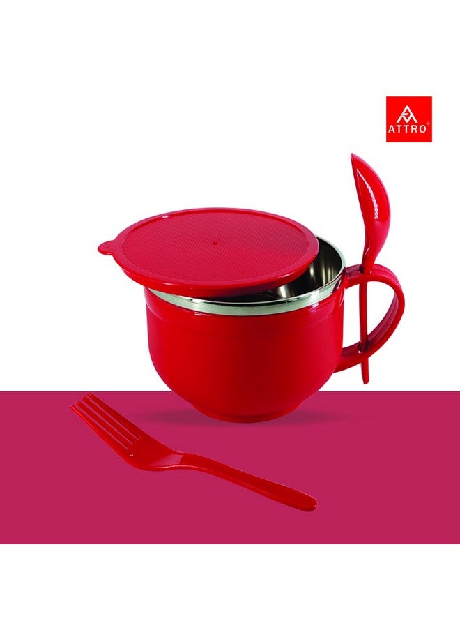 Attro Noodles Bowl Comes with Inner Stainless Steel Soup Bowl and Spoon Holder,Light Weight,Stackable,Perfect for Noodles,Maggie,soups-500ml Red - Image 4