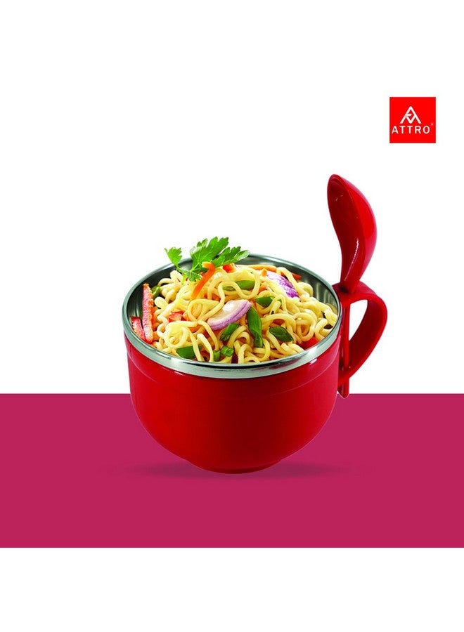 Attro Noodles Bowl Comes with Inner Stainless Steel Soup Bowl and Spoon Holder,Light Weight,Stackable,Perfect for Noodles,Maggie,soups-500ml Red - Image 2