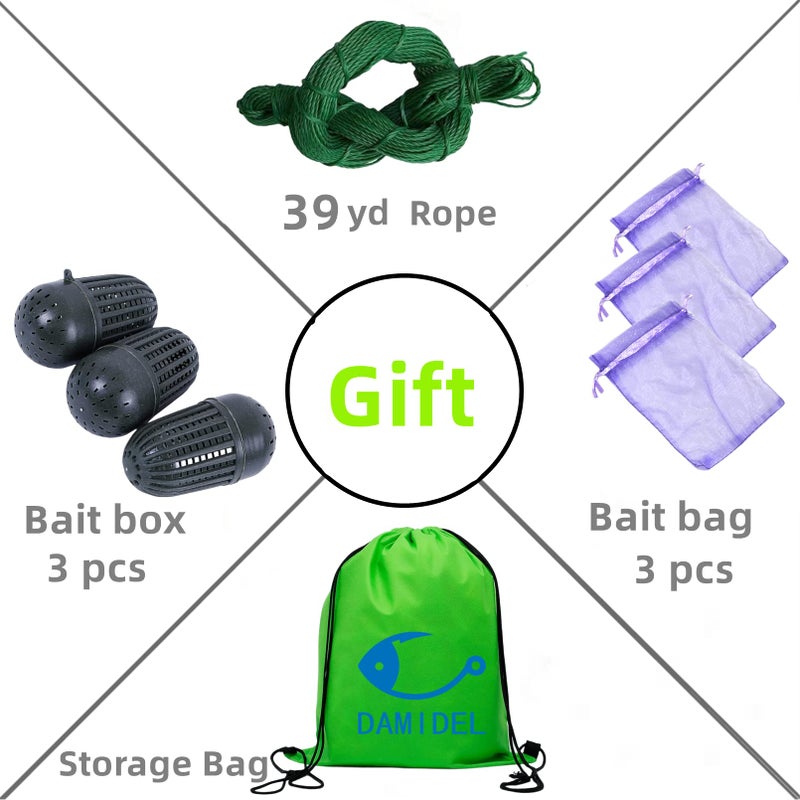 DAMIDEL 32in x 10in Folded Fishing Bait Trap, 10 Holes 10 Sides Foldable Fishing Nets for Fish/Crab/Shrimp/Crawdad, Upgrade Large Space,Bait Bag/Bait Box/Rope/Storage Bag - Image 2