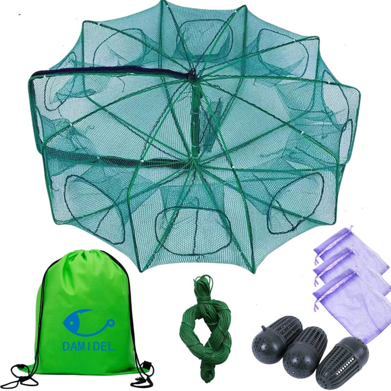 DAMIDEL 32in x 10in Folded Fishing Bait Trap, 10 Holes 10 Sides Foldable Fishing Nets for Fish/Crab/Shrimp/Crawdad, Upgrade Large Space,Bait Bag/Bait Box/Rope/Storage Bag - Image 1