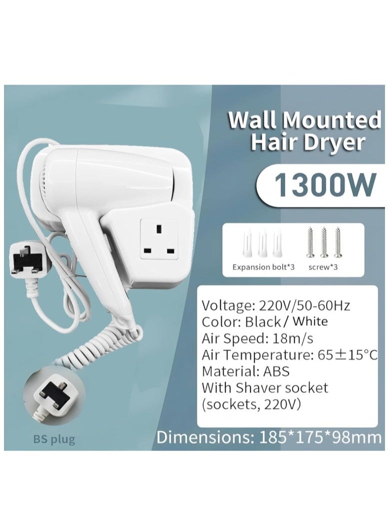 Wall Mounted Hair Dryer with UK Plug & Built-in Shaver Socket – Hotel Bathroom Hairdryer with Safety Auto Shut-Off, White ABS Body, 1300W – Ideal for Home, Hotels, Gyms & Guest Bathrooms - Image 2