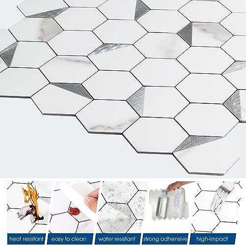 OYASIMI 10-Sheet Peel and Stick Tiles for Kitchen Backsplashes, Hexagon 12.2x11.54 inches Marble White Mixed Silver Metal 3D PVC Wall Tile Stick on Backsplash for Bathroom Waterproof - Image 5