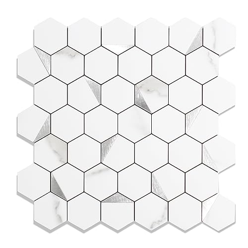 OYASIMI 10-Sheet Peel and Stick Tiles for Kitchen Backsplashes, Hexagon 12.2x11.54 inches Marble White Mixed Silver Metal 3D PVC Wall Tile Stick on Backsplash for Bathroom Waterproof - Image 1
