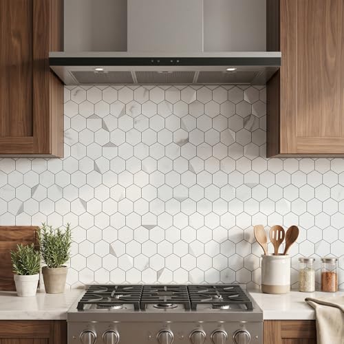 OYASIMI 10-Sheet Peel and Stick Tiles for Kitchen Backsplashes, Hexagon 12.2x11.54 inches Marble White Mixed Silver Metal 3D PVC Wall Tile Stick on Backsplash for Bathroom Waterproof - Image 2
