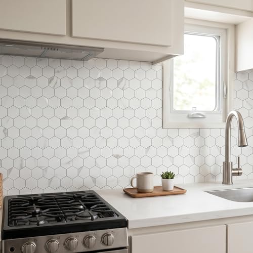OYASIMI 10-Sheet Peel and Stick Tiles for Kitchen Backsplashes, Hexagon 12.2x11.54 inches Marble White Mixed Silver Metal 3D PVC Wall Tile Stick on Backsplash for Bathroom Waterproof - Image 3