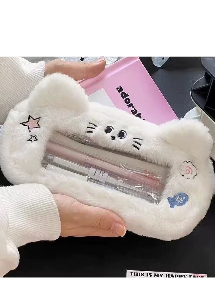 بورون حافظة أقلام رصاص للبنات، حقيبة أقلام رصاص كهدية لطيفة، سعة كبيرة بتصميم قطة لطيفة من القطيفة مناسبة للطلاب، بما في ذلك النجوم الوردية، تصميم بنمط أذن القط، صندوق حقيبة أقلام رصاص كهدية لطيفة. - Image 2