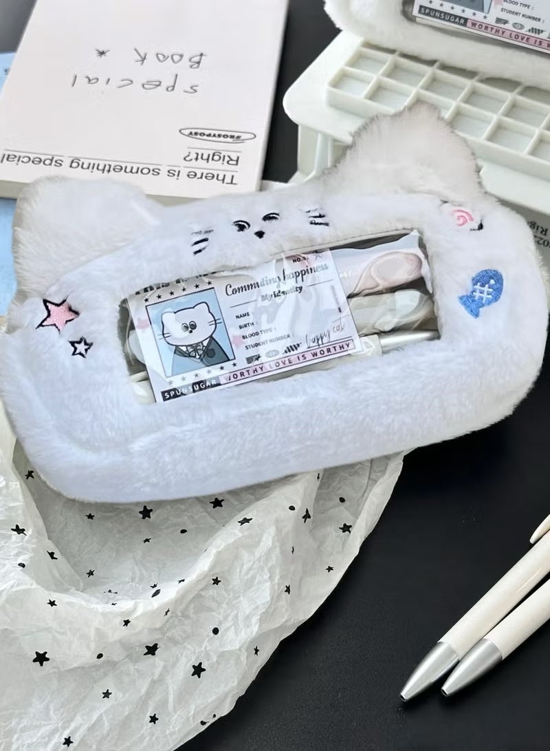 بورون حافظة أقلام رصاص للبنات، حقيبة أقلام رصاص كهدية لطيفة، سعة كبيرة بتصميم قطة لطيفة من القطيفة مناسبة للطلاب، بما في ذلك النجوم الوردية، تصميم بنمط أذن القط، صندوق حقيبة أقلام رصاص كهدية لطيفة. - Image 5