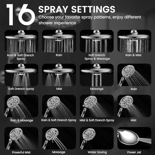 FEELSO 10" High Pressure Shower Head Combo with Handheld Spray, 16 Settings, 11" Adjustable Arm, ON/OFF Pause Switch (Chrome) - Image 2