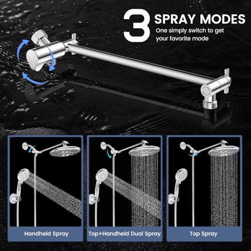 FEELSO 10" High Pressure Shower Head Combo with Handheld Spray, 16 Settings, 11" Adjustable Arm, ON/OFF Pause Switch (Chrome) - Image 5