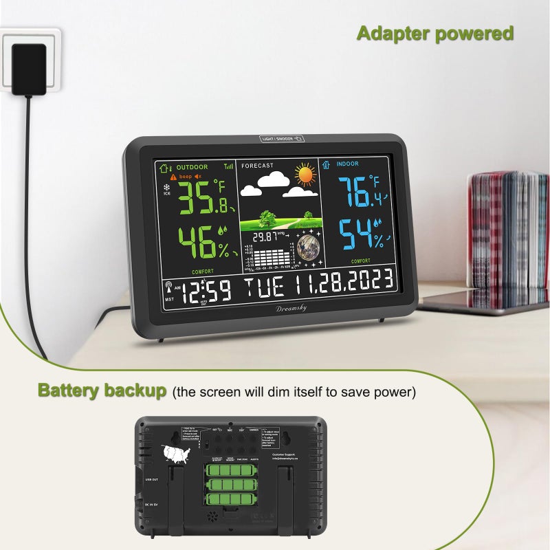 DreamSky Weather Station Indoor Outdoor Thermometer Wireless with Digital Atomic Clock for Home, Large Display with Dimmer, USB Port, Inside Outside Temperature Humidity Monitor (Plug-in) - Image 4