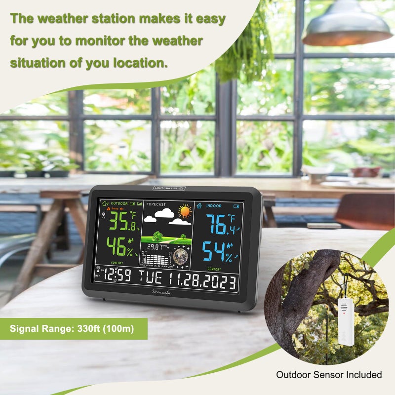 DreamSky Weather Station Indoor Outdoor Thermometer Wireless with Digital Atomic Clock for Home, Large Display with Dimmer, USB Port, Inside Outside Temperature Humidity Monitor (Plug-in) - Image 2