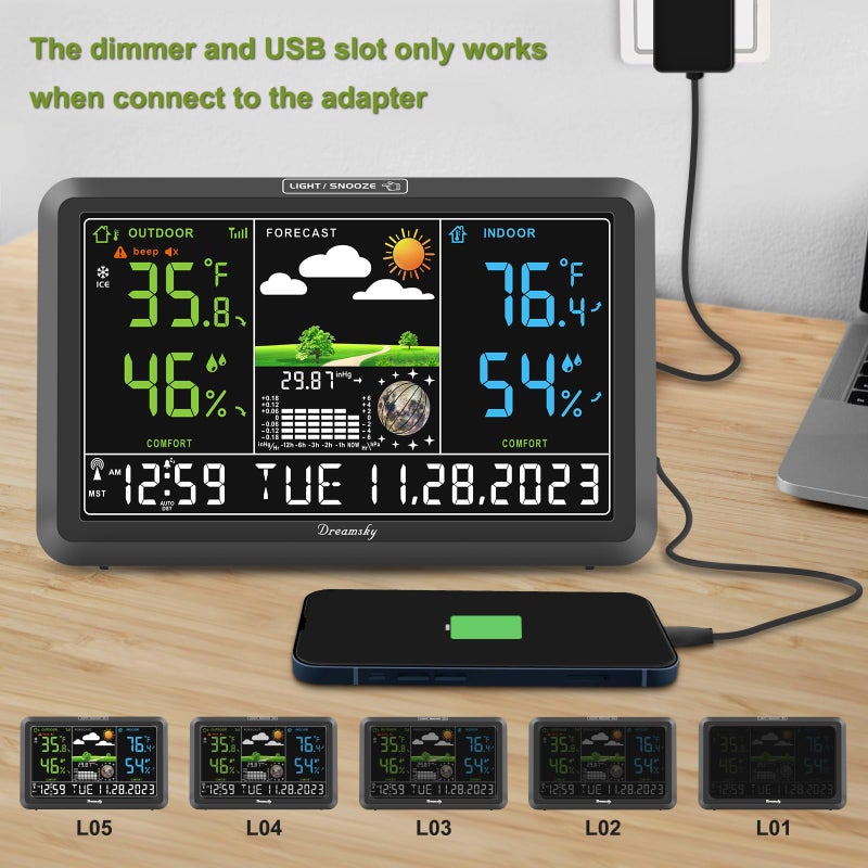 DreamSky Weather Station Indoor Outdoor Thermometer Wireless with Digital Atomic Clock for Home, Large Display with Dimmer, USB Port, Inside Outside Temperature Humidity Monitor (Plug-in) - Image 5