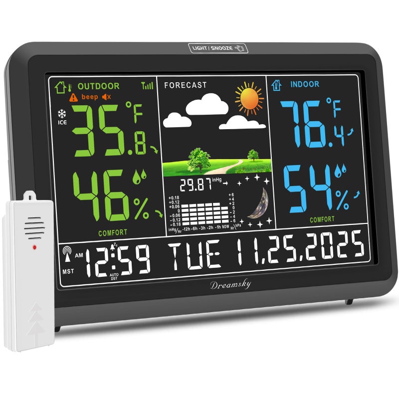 DreamSky Weather Station Indoor Outdoor Thermometer Wireless with Digital Atomic Clock for Home, Large Display with Dimmer, USB Port, Inside Outside Temperature Humidity Monitor (Plug-in) - Image 1