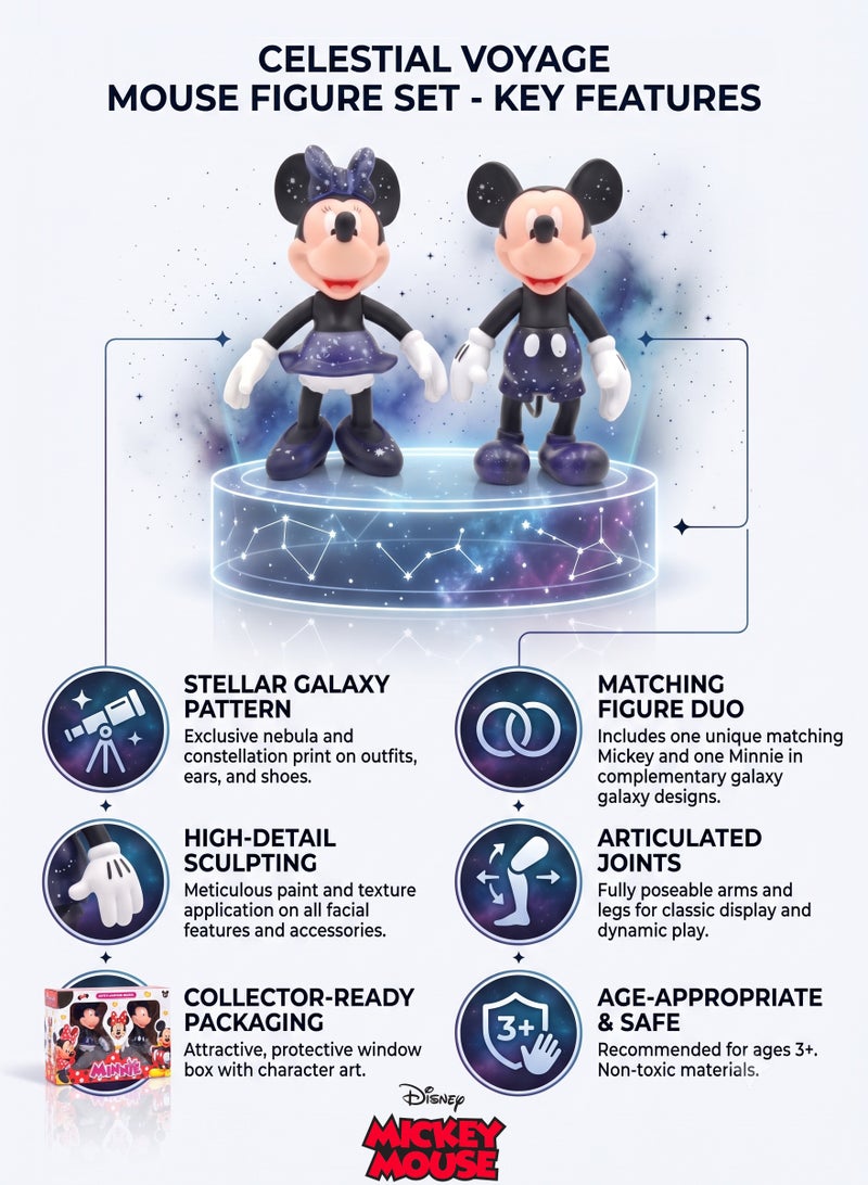 Disney Mickey Mouse and Minnie Mouse Action Figure Set of 2 – 18cm (7 Inch) Celestial Galaxy Edition Collectible Figures | New Look Mickey & Minnie Toys with Starry Constellation Design & Articulated Joints | Best Gift for Birthday, Eid, Christmas - Image 2
