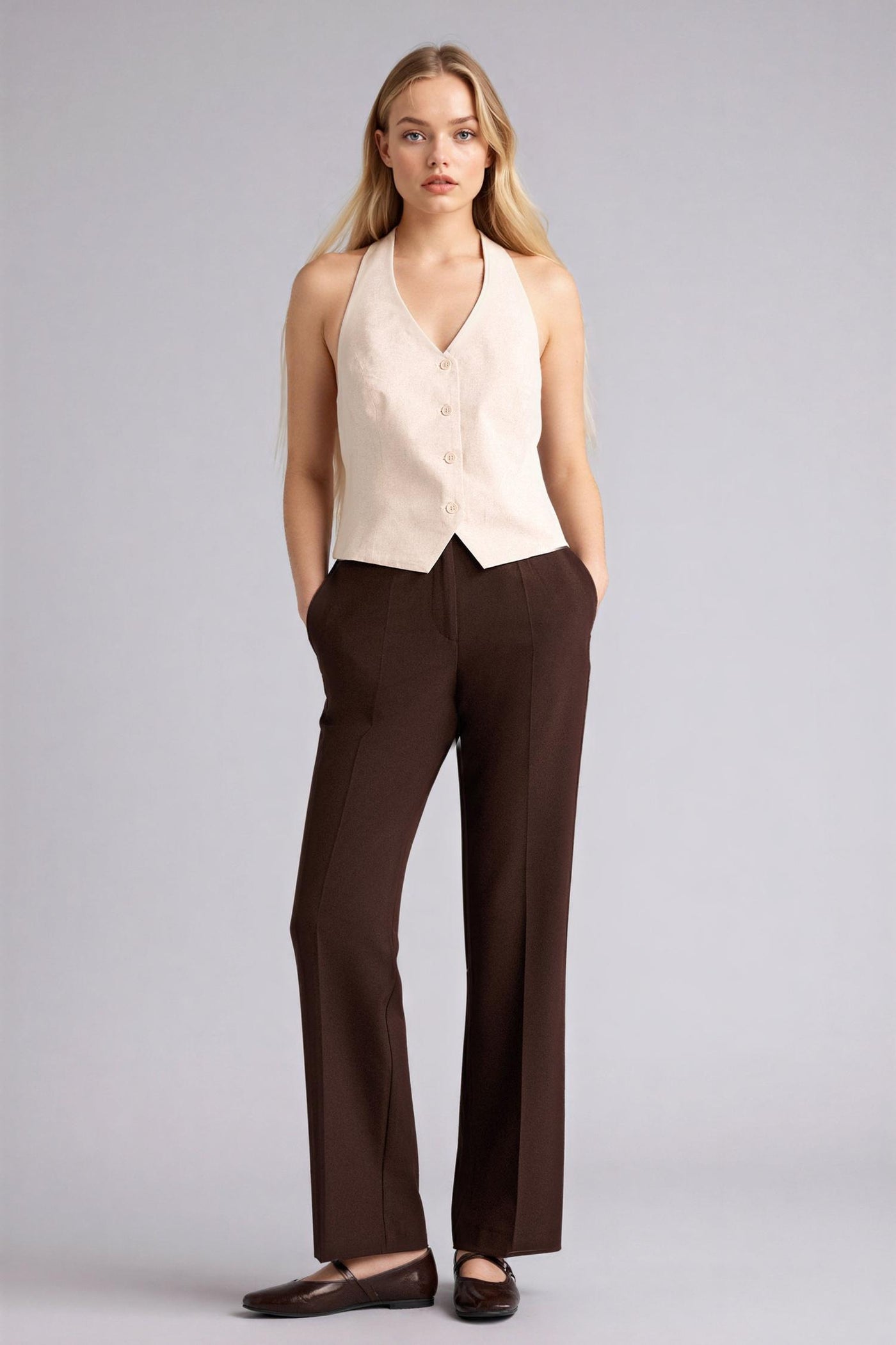 Brown Woman Straight Fit Regular Waist Trousers Casual