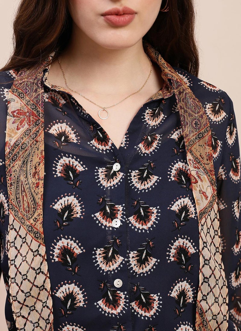 Globus Women's Blue Casual Shirt with Tie-Up Spread Collar and Abstract Print - Image 5