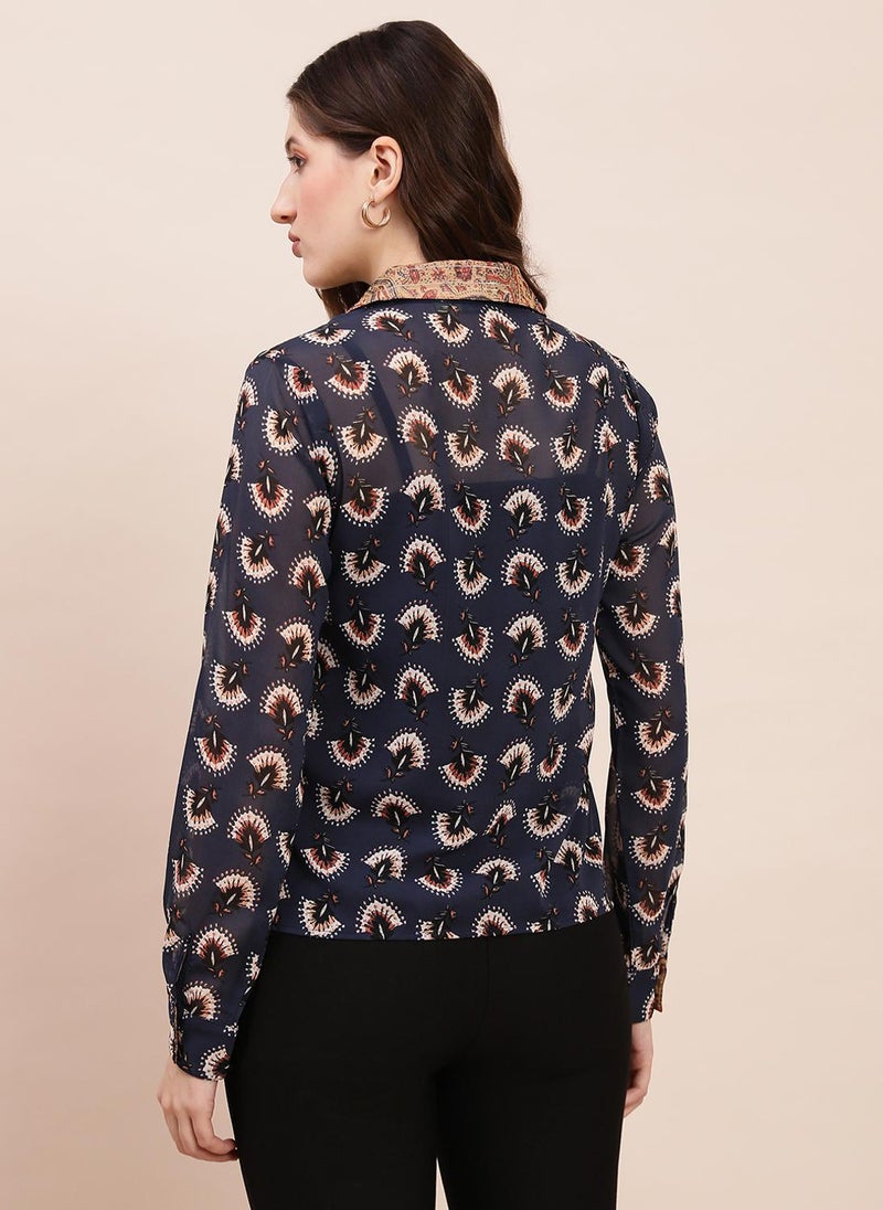 Globus Women's Blue Casual Shirt with Tie-Up Spread Collar and Abstract Print - Image 4