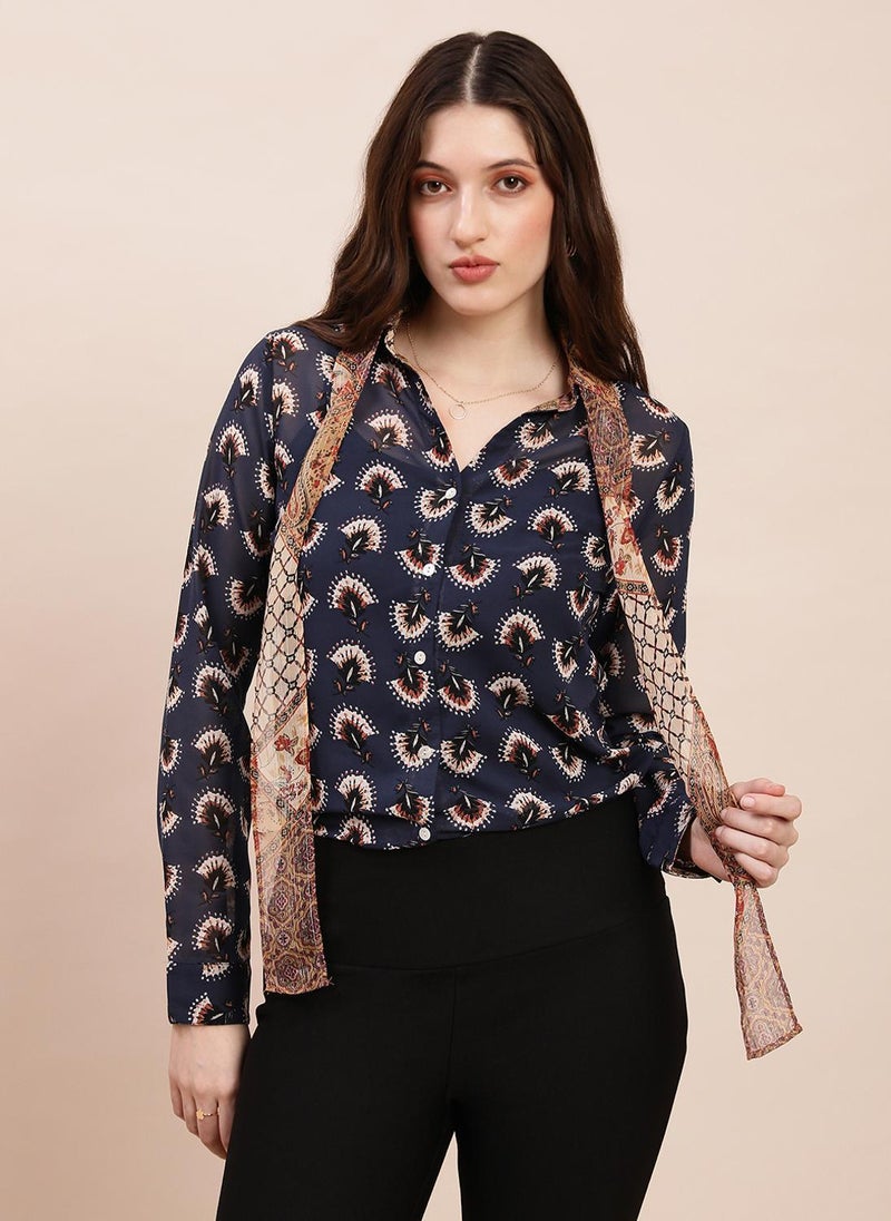 Globus Women's Blue Casual Shirt with Tie-Up Spread Collar and Abstract Print - Image 3