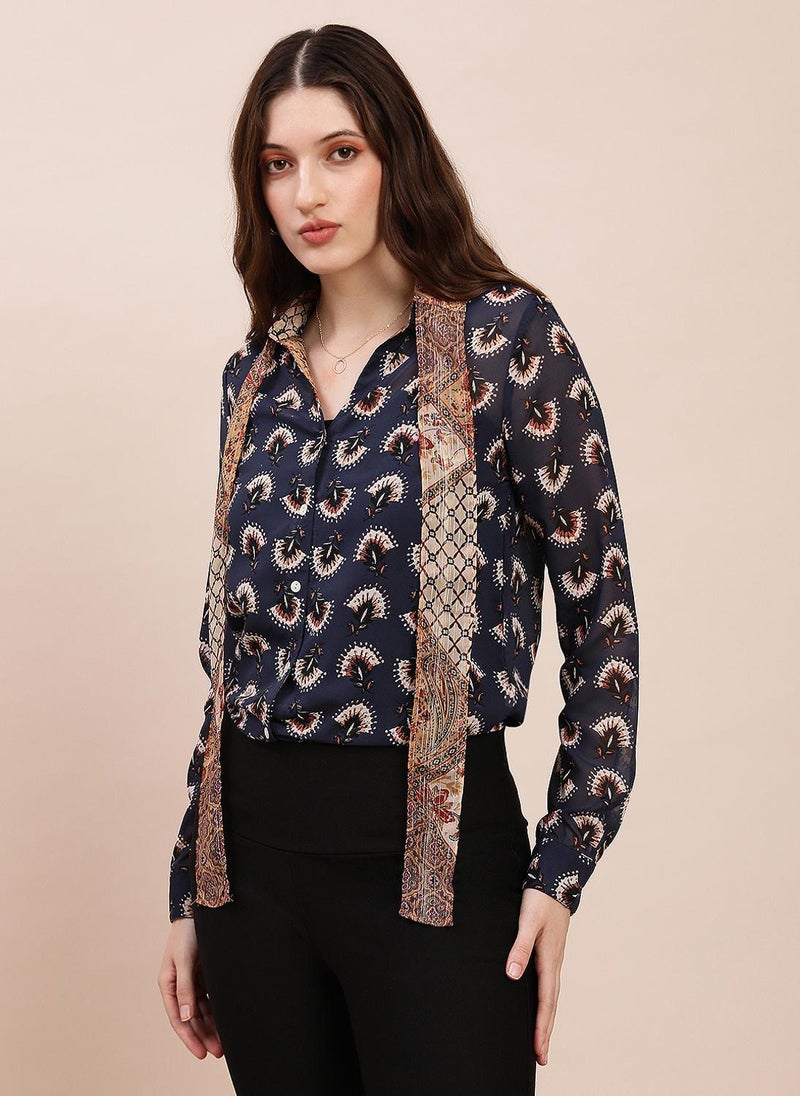 Globus Women's Blue Casual Shirt with Tie-Up Spread Collar and Abstract Print - Image 1
