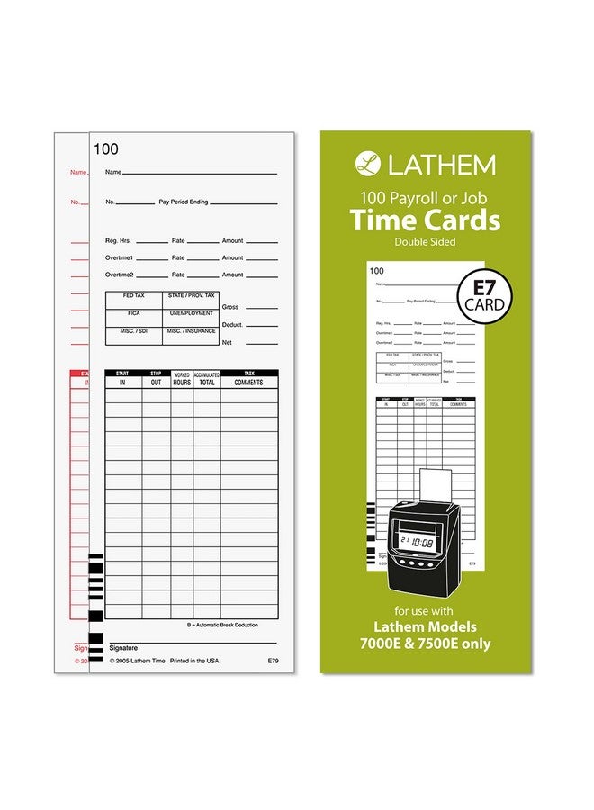 لاثيم بطاقات Lathem العالمية لكشوف المرتبات/وقت العمل مزدوجة الجوانب لساعات الوقت Lathem 7000E / 7500E، 100 حزمة E79100 باللون الأبيض - Image 1
