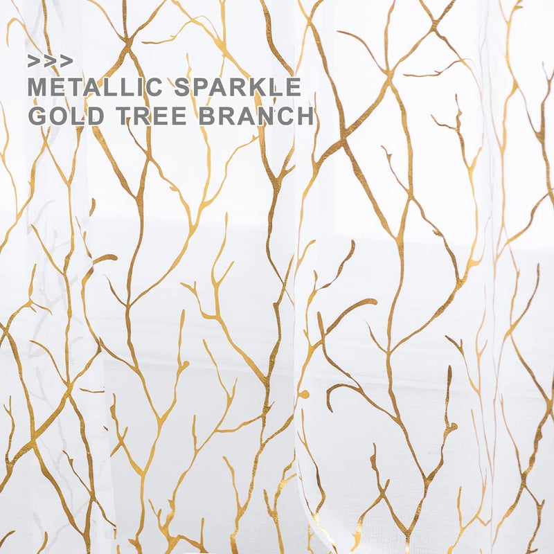FINECITY White And Gold Curtains 108 Inch Long - Metallic Gold Foil Tree Branch Sheer Curtains For Living Room Rod Pocket Semi White Sheer Curtains 108 Inch Drapes 2 Panel Set  52 X 108 Inches  Gold White - Image 4
