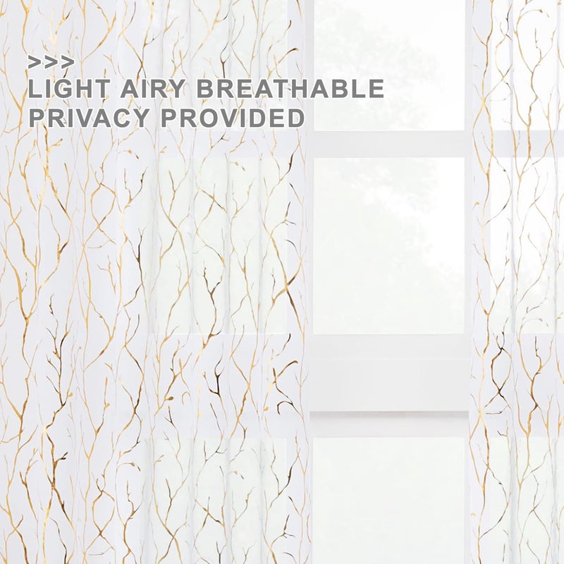 FINECITY White And Gold Curtains 108 Inch Long - Metallic Gold Foil Tree Branch Sheer Curtains For Living Room Rod Pocket Semi White Sheer Curtains 108 Inch Drapes 2 Panel Set  52 X 108 Inches  Gold White - Image 3