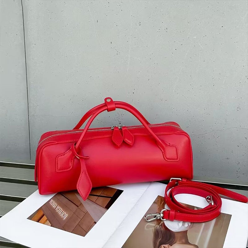 European and American New Genuine Leather Baguette Bag Womens Crossbody Bag Fashionable Short Top Layer Cowhide Bag Commuter Street Bag Bright red 