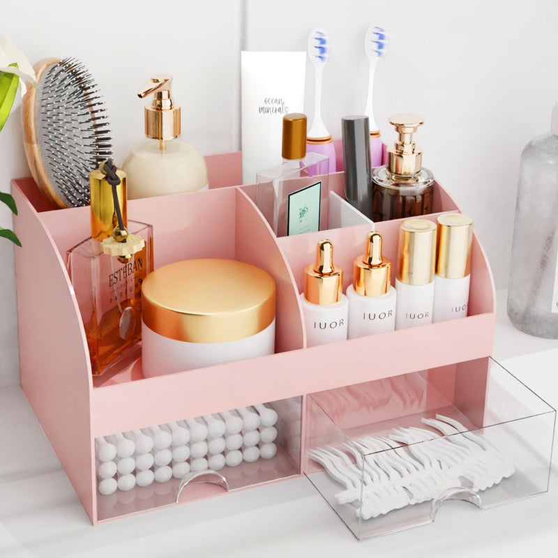 COMFYROOM Makeup Organizer with Drawers, Cosmetic Storage for Dresser Vanity and Bathroom Countertop, Beauty Holder for Lipstick Brush, Skincare Organizer for Vanity, Cosmetic Display Case (Pink) - Image 1