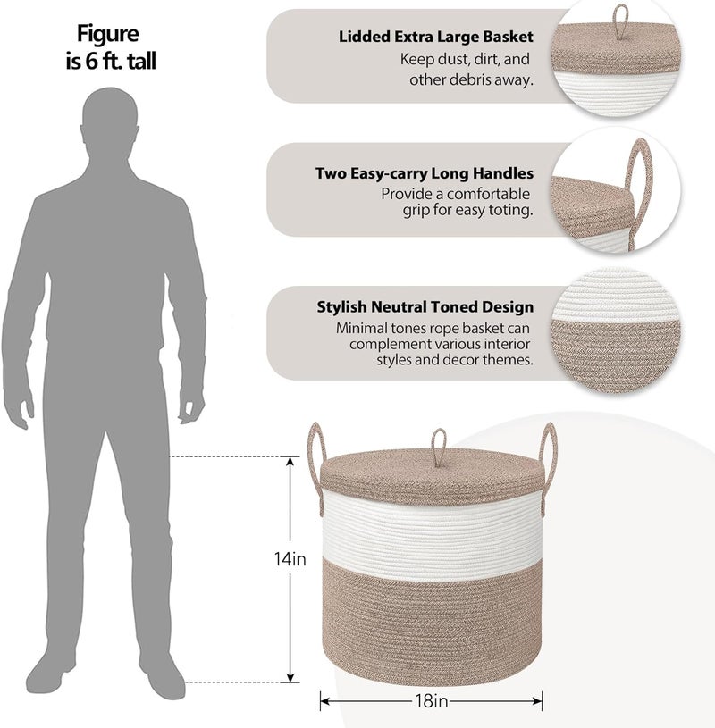 HONCESTA 18" X 14" Large Storage Basket with Lid, Blanket Basket Living Room, Woven Cotton Rope Storage Box, Lidded Kids Dog Toy Bin, Tall Wicker Laundry Basket, Blankets Pillows Organizer Holder - Image 2
