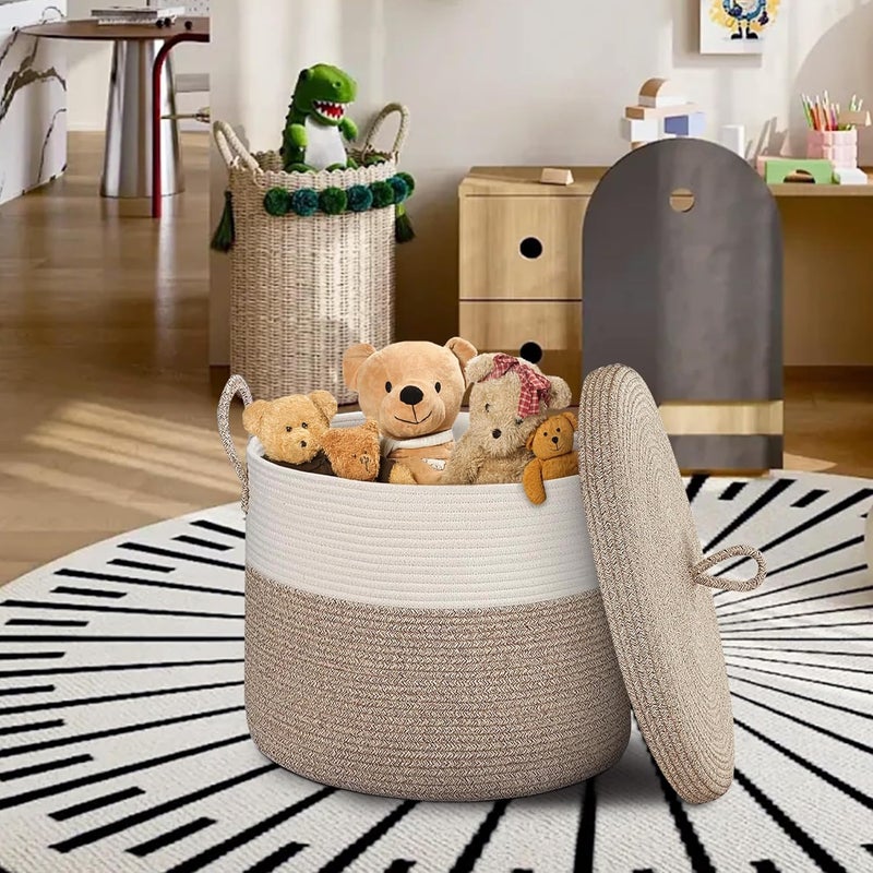HONCESTA 18" X 14" Large Storage Basket with Lid, Blanket Basket Living Room, Woven Cotton Rope Storage Box, Lidded Kids Dog Toy Bin, Tall Wicker Laundry Basket, Blankets Pillows Organizer Holder - Image 3