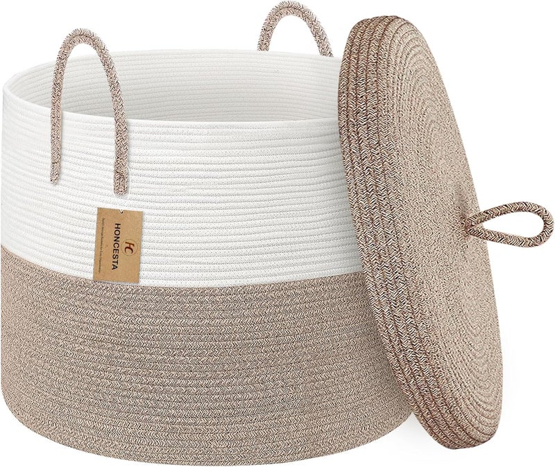 HONCESTA 18" X 14" Large Storage Basket with Lid, Blanket Basket Living Room, Woven Cotton Rope Storage Box, Lidded Kids Dog Toy Bin, Tall Wicker Laundry Basket, Blankets Pillows Organizer Holder - Image 1