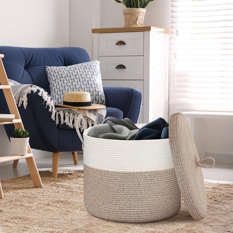 HONCESTA 18" X 14" Large Storage Basket with Lid, Blanket Basket Living Room, Woven Cotton Rope Storage Box, Lidded Kids Dog Toy Bin, Tall Wicker Laundry Basket, Blankets Pillows Organizer Holder - Image 5