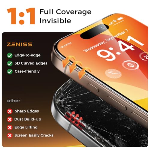 Zeniss NeverBreak 9H+ Hardness for iPhone 16 Pro Screen Protector 12FT Military Grade Protection (Scratch, Shatter, Drop Resistance) 16Pro Tempered Glass Full Edge Coverage Case Friendly 6.3" 2 Pack - Image 4